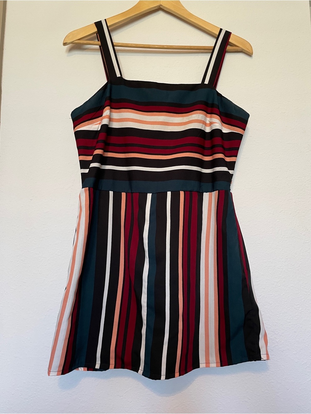 Japna Striped Mini Dress in Teal, Burgundy, Black & Cream